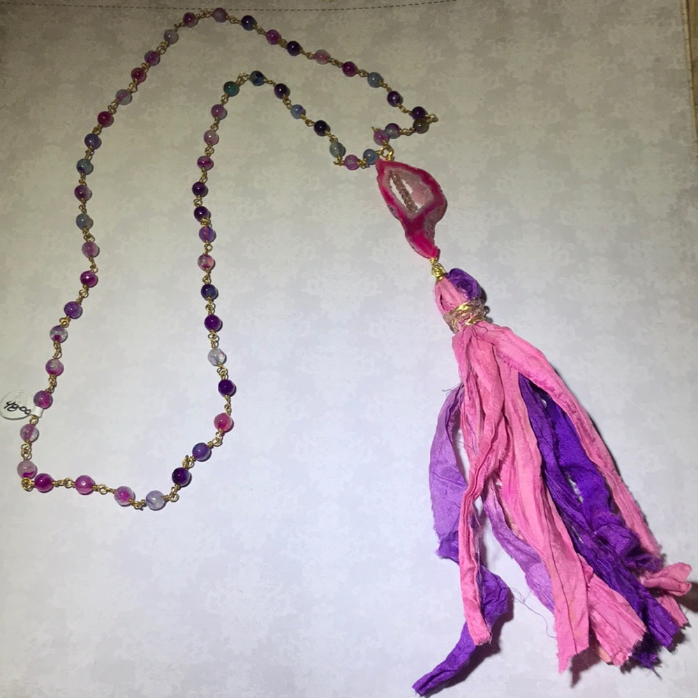 Recycled sari ribbon & quartz tassel necklace